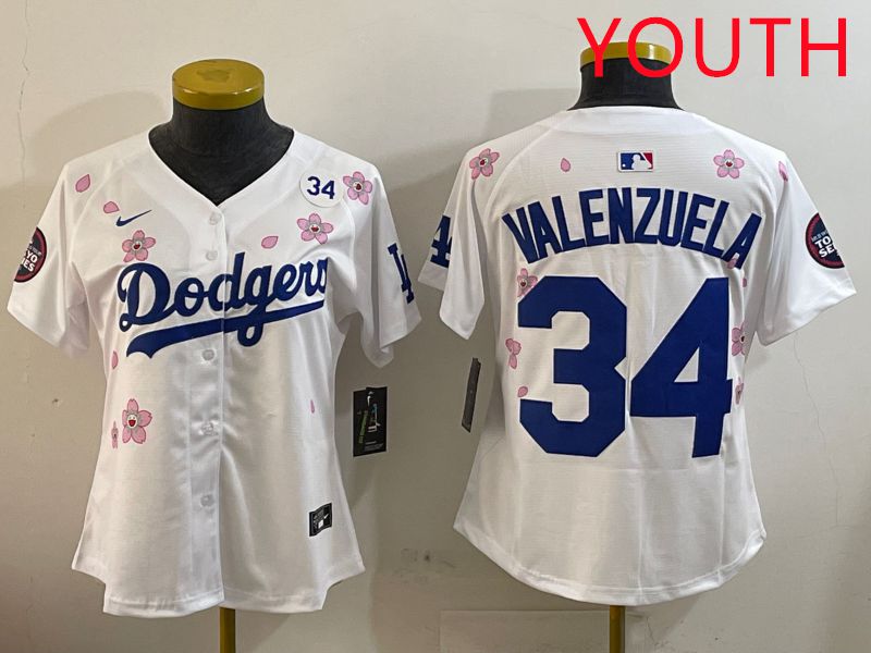 Youth Los Angeles Dodgers #34 Valenzuela White Sakura Edition 2025 Nike MLB Jersey style 5->youth mlb jersey->Youth Jersey